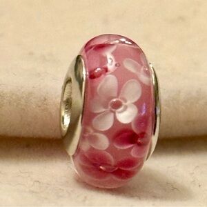 Pink Floral Murano Glass Charm fit Pandora bracelets